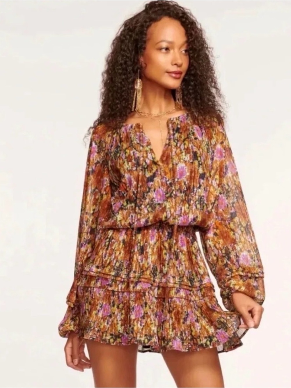 Ramy Brook Aaliyah Floral-Print Metallic Mini Dress sleeve holiday wedding guest